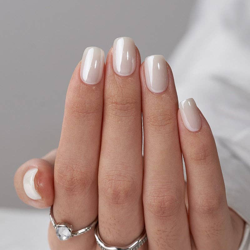 White Glazed Press On Nails - Short Square Chrome Gel Nails