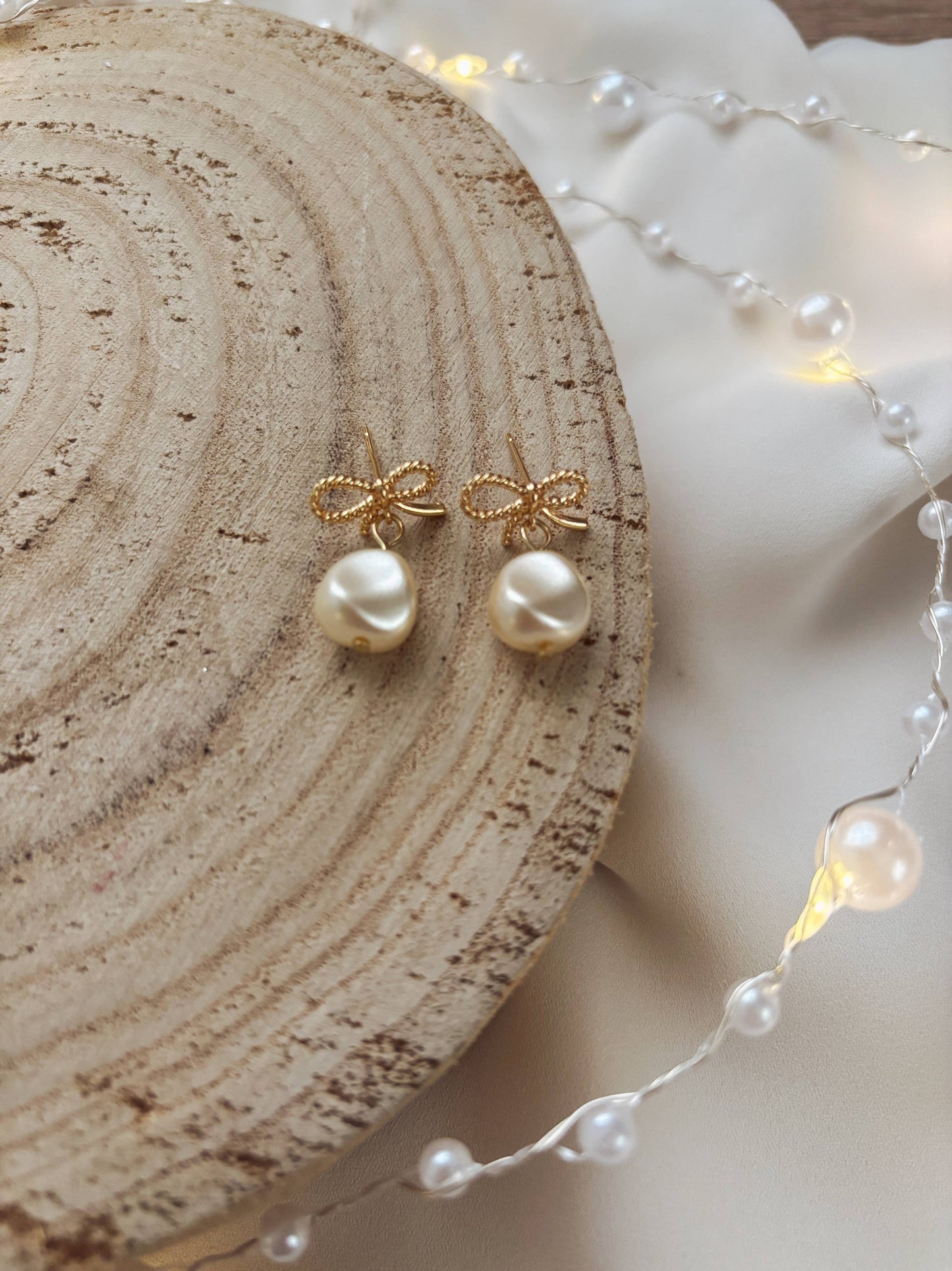 Gold Bow and Pearl Earrings