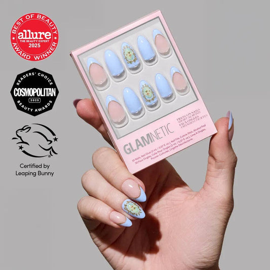 Angel In Blue Short Almond Press-On Nail |French Tip 3D Gold