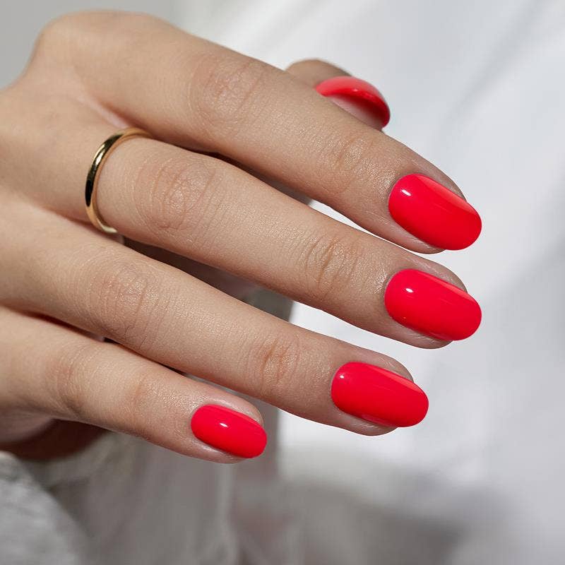 Salmon Pink Press On Nails - Short Oval Fake Nails with Glue