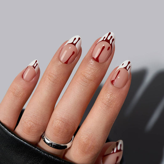 Blood Drip Almond French Nails Press On-Fake Nails for Women