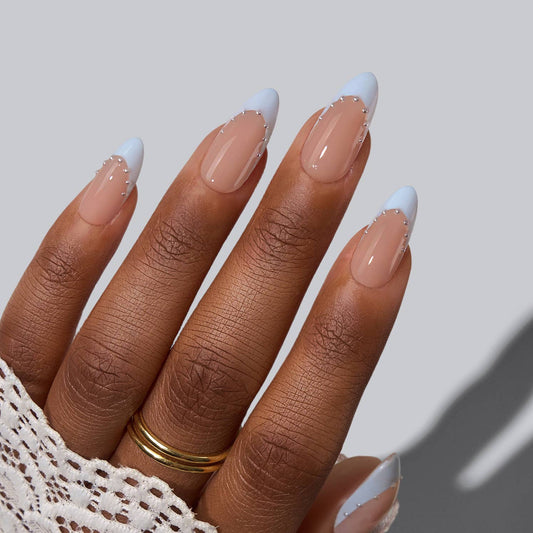 Blue Medium Almond French Nails - Wedding Rhinestone Nails