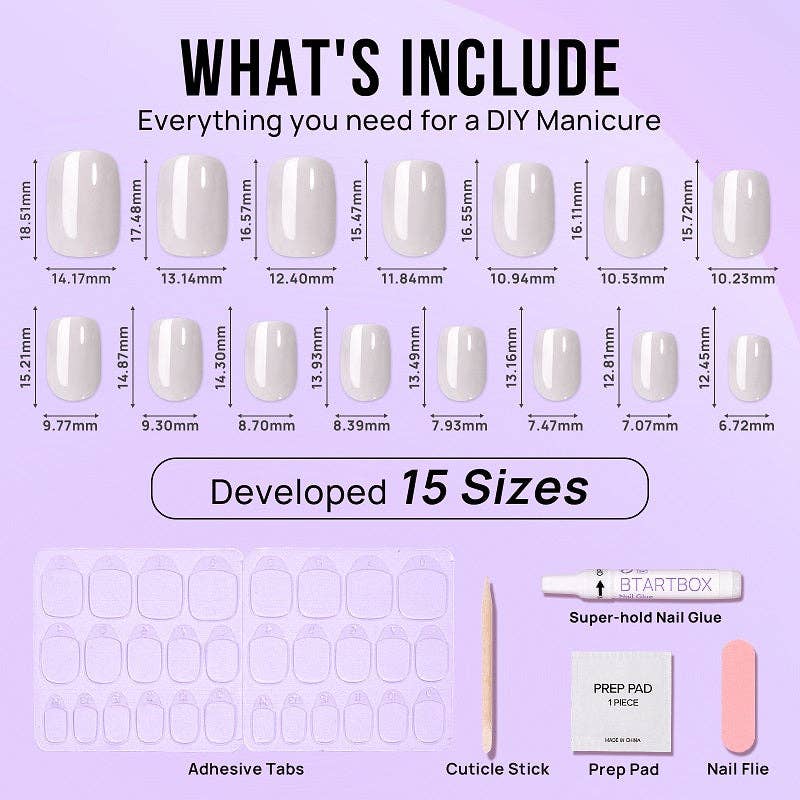 White Glazed Press On Nails - Short Square Chrome Gel Nails