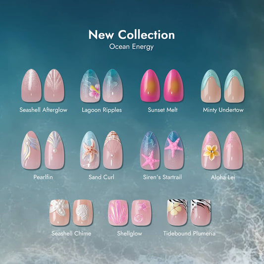 Summer Beach Blue Fake Nails-3D Starfish Shell French Design: Shell Luxe