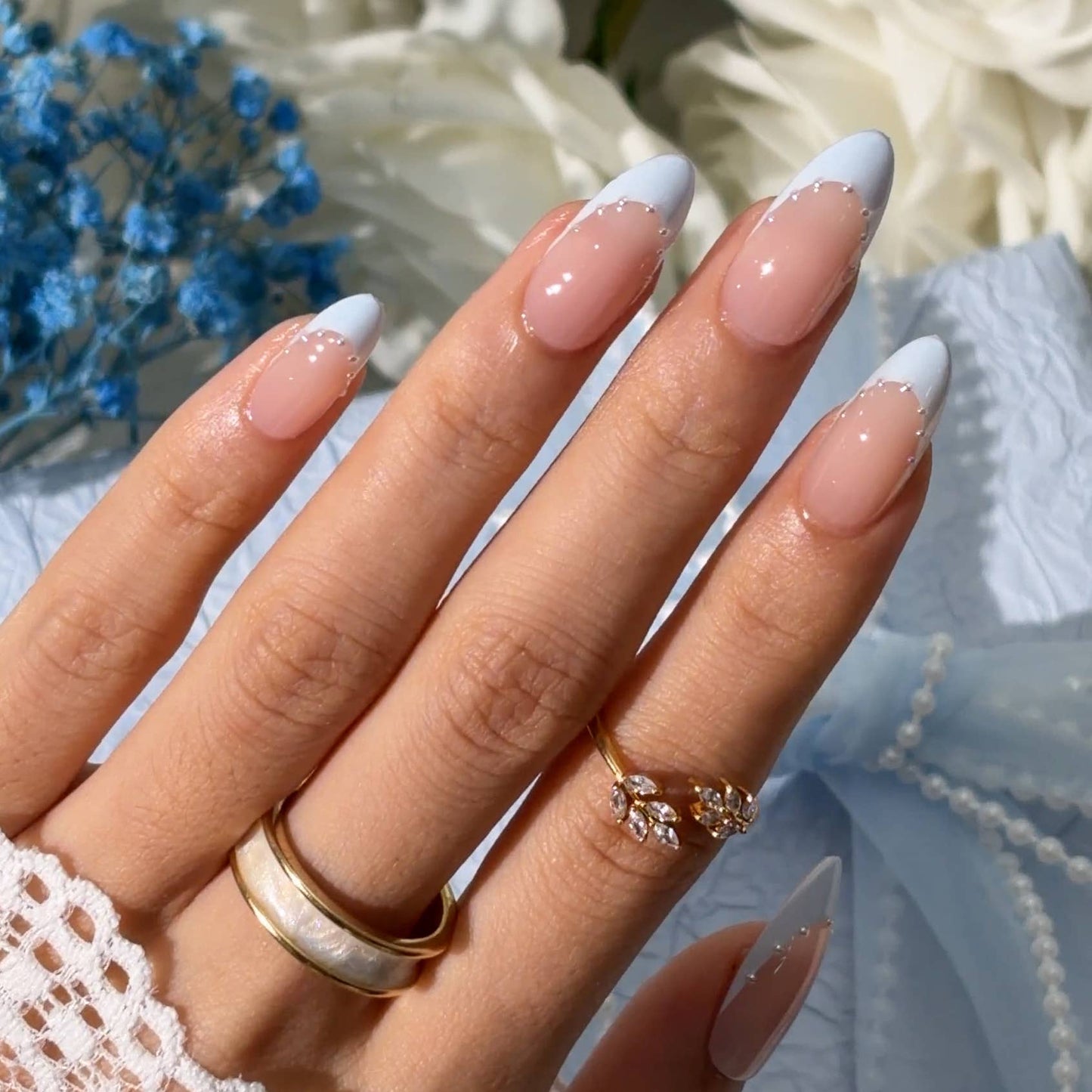 Blue Medium Almond French Nails - Wedding Rhinestone Nails